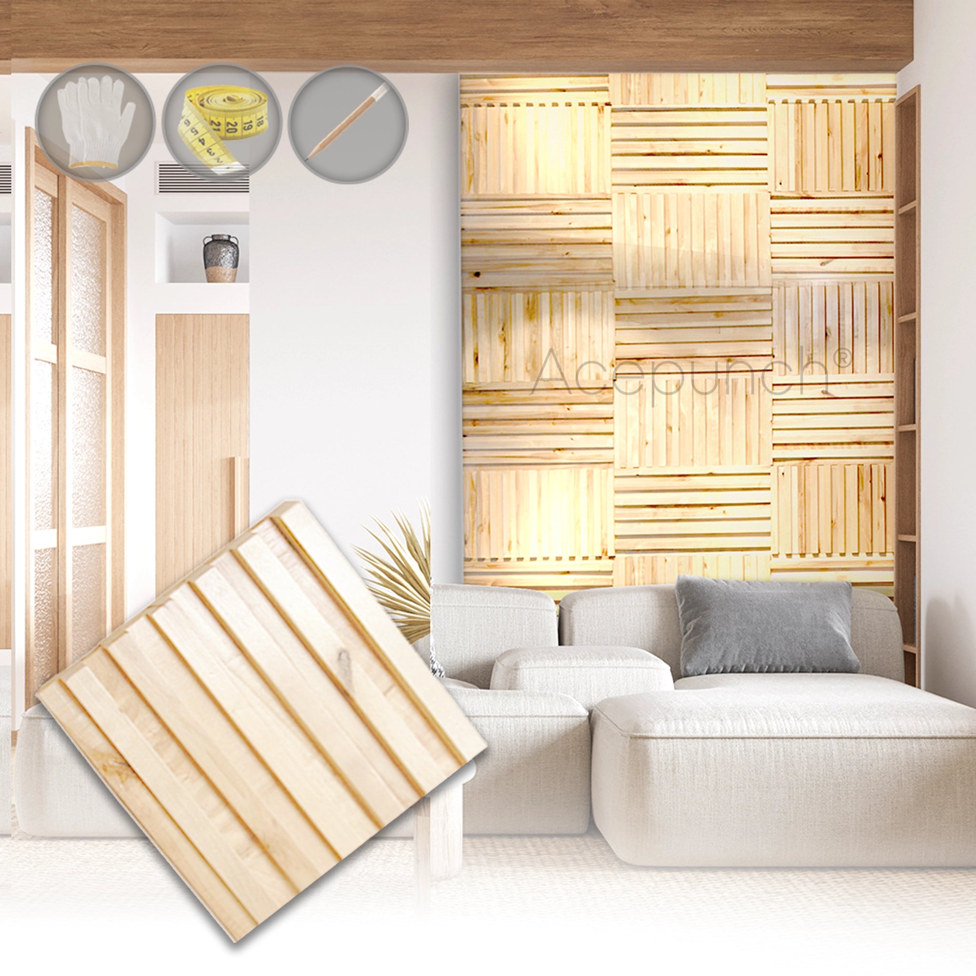 Acepunch Premium Natural Finish Modern Mosaic Style Slatted Wood Wall Art Panel 30 x 30cm (12 x 12in) AP1239