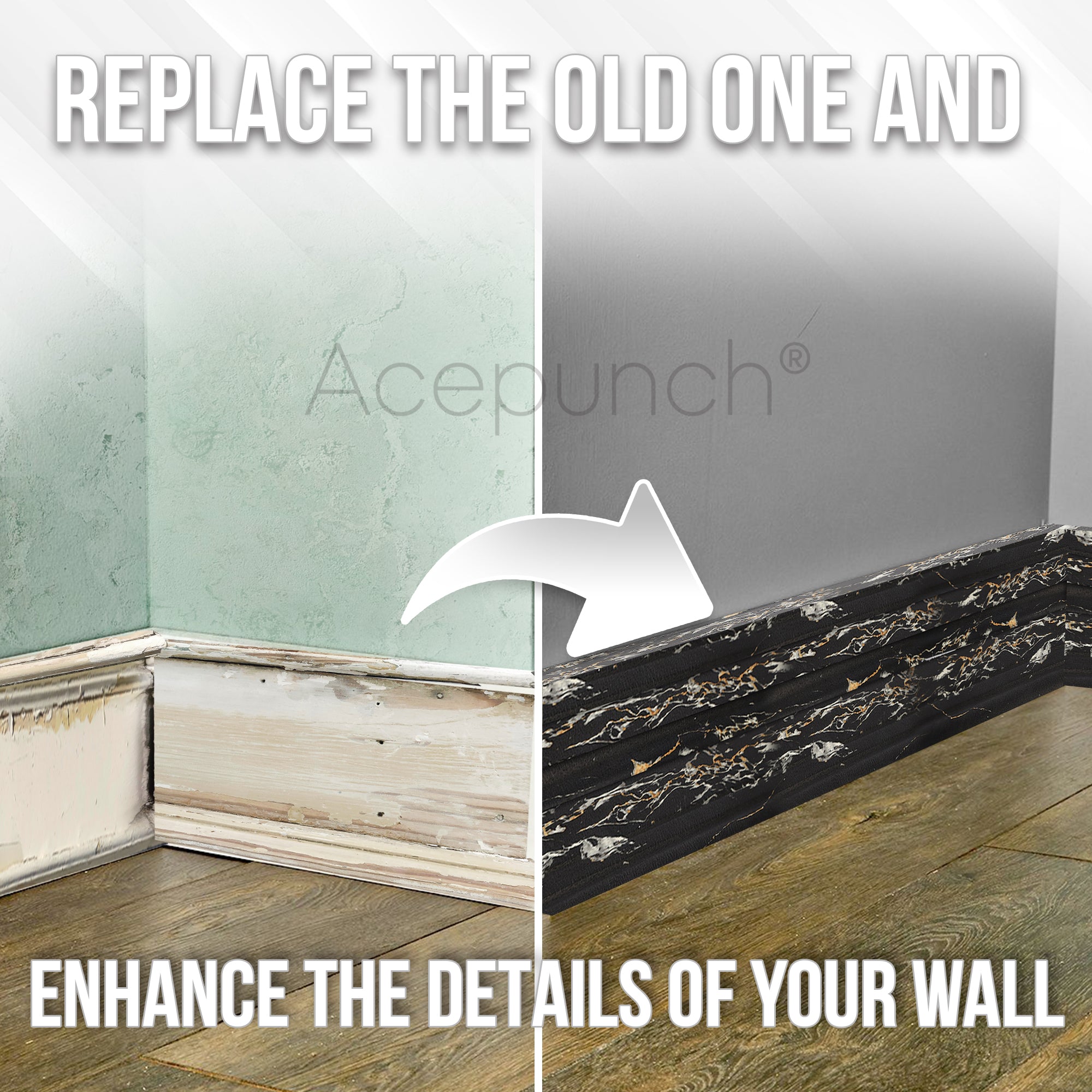 Acepunch Black Marble Rubber Wall Self-Adhesive Textured Finish Premium Baseboard Trim - AP1379
