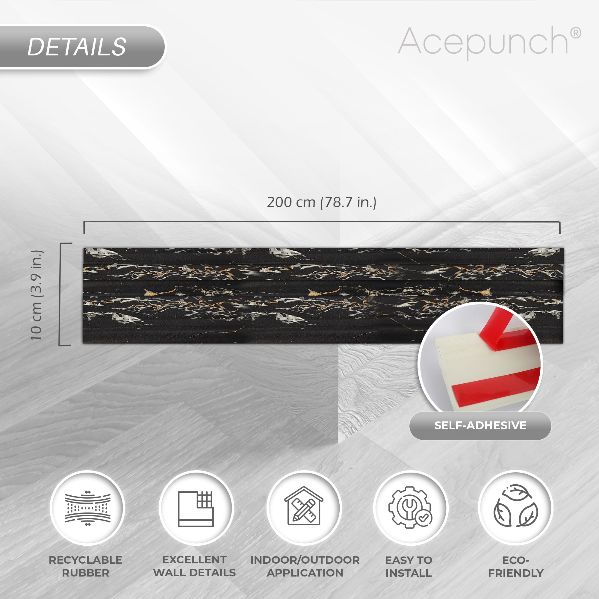 Acepunch Black Marble Rubber Wall Self-Adhesive Textured Finish Premium Baseboard Trim - AP1379