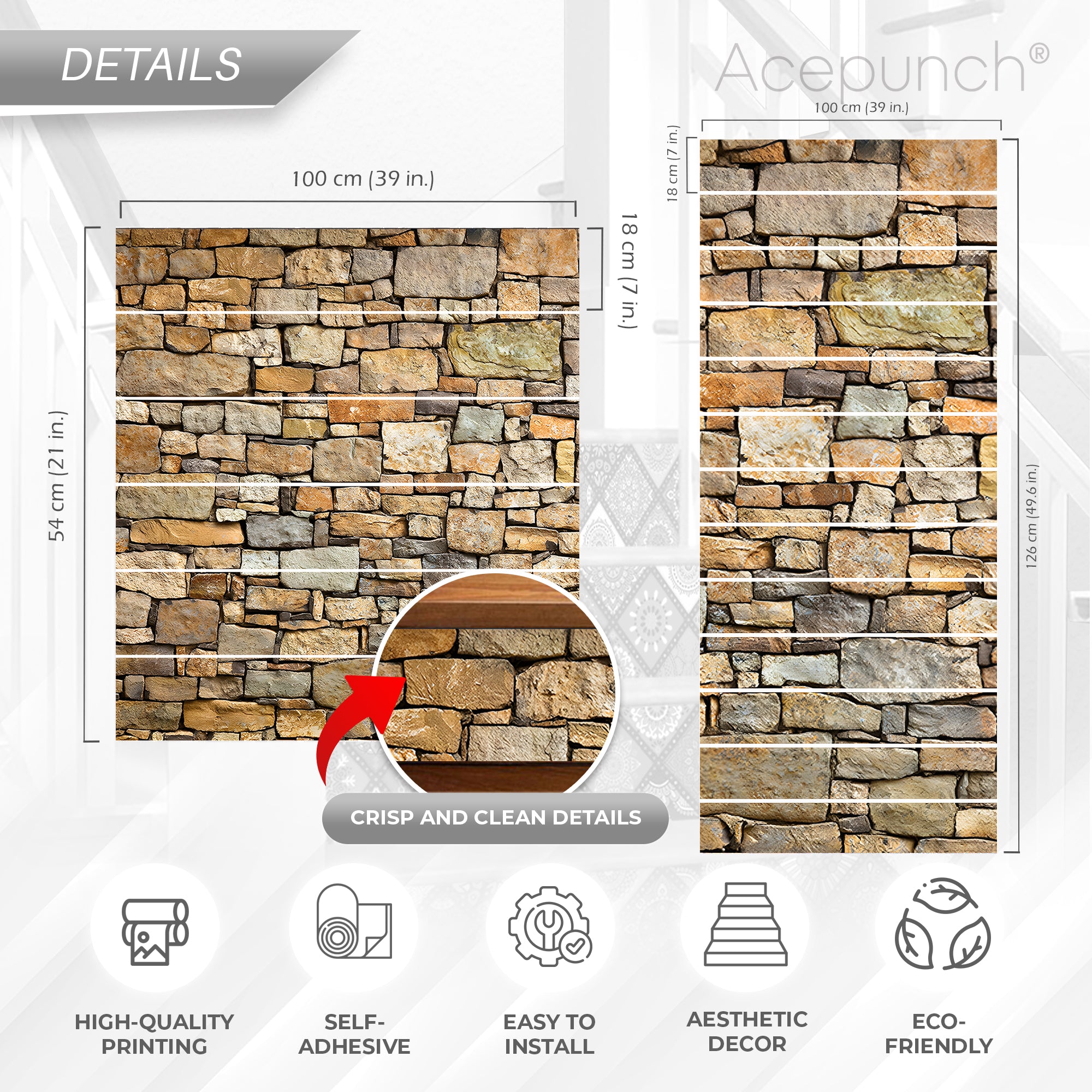 Acepunch Brick Pattern Self-Adhesive Stairscase Sticker Strips - AP1413