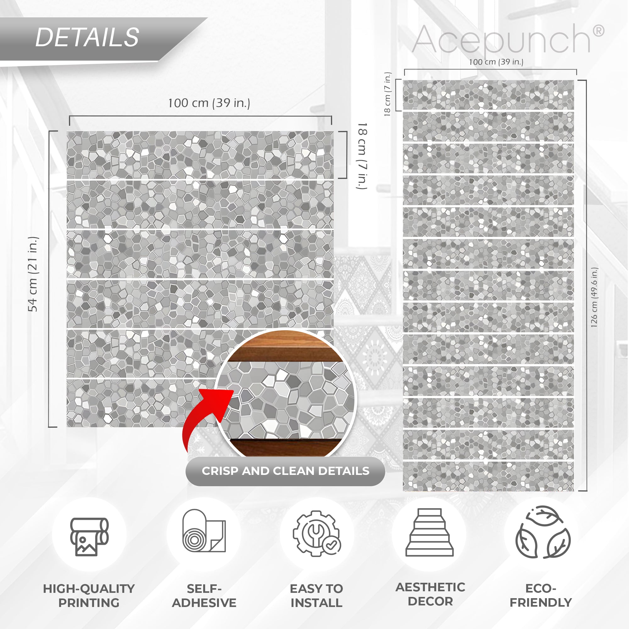 Acepunch Stone Pattern Self-Adhesive Stairscase Sticker Strips - AP1412
