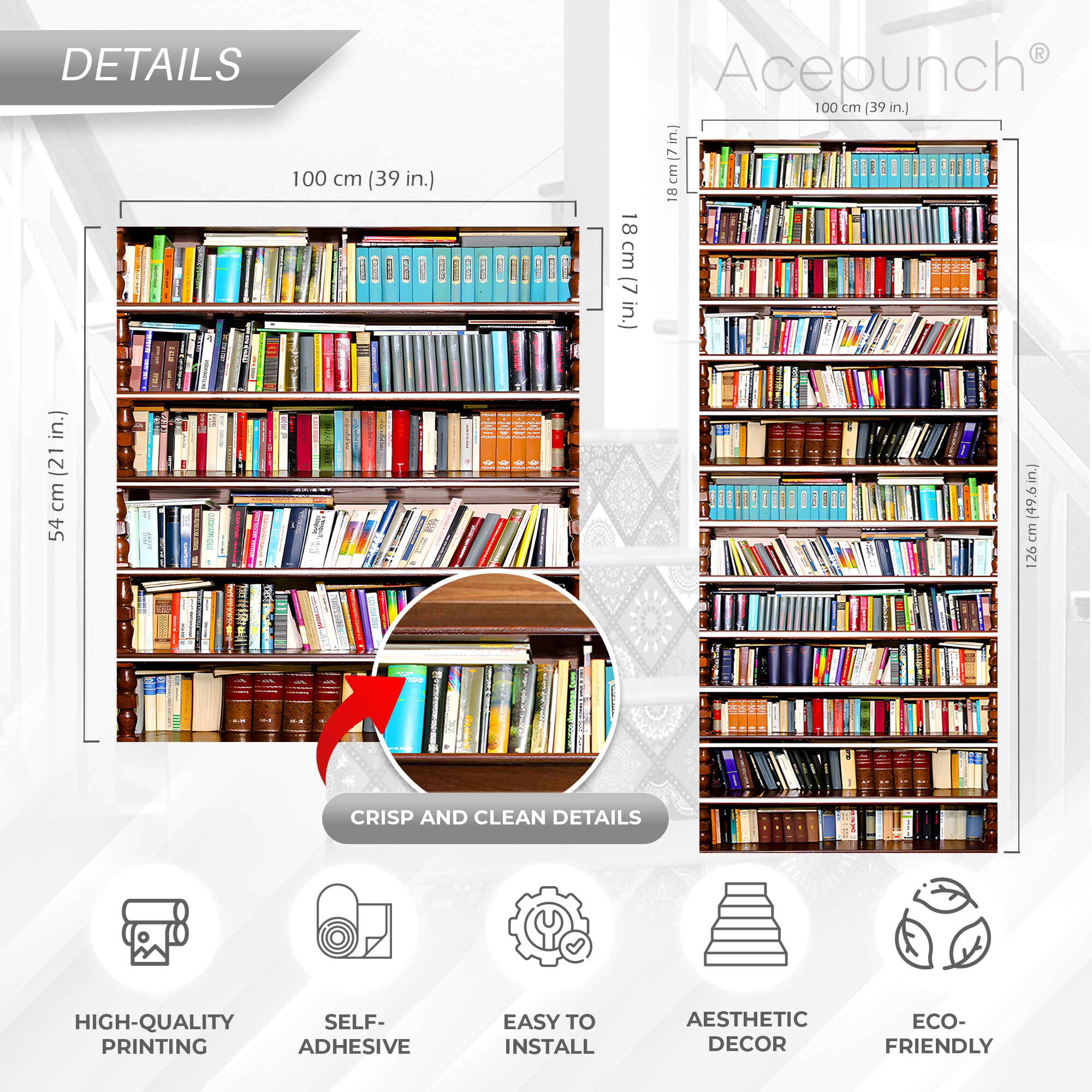 Acepunch Bookshelf Pattern Self-Adhesive Stairscase Sticker Strips - AP1414