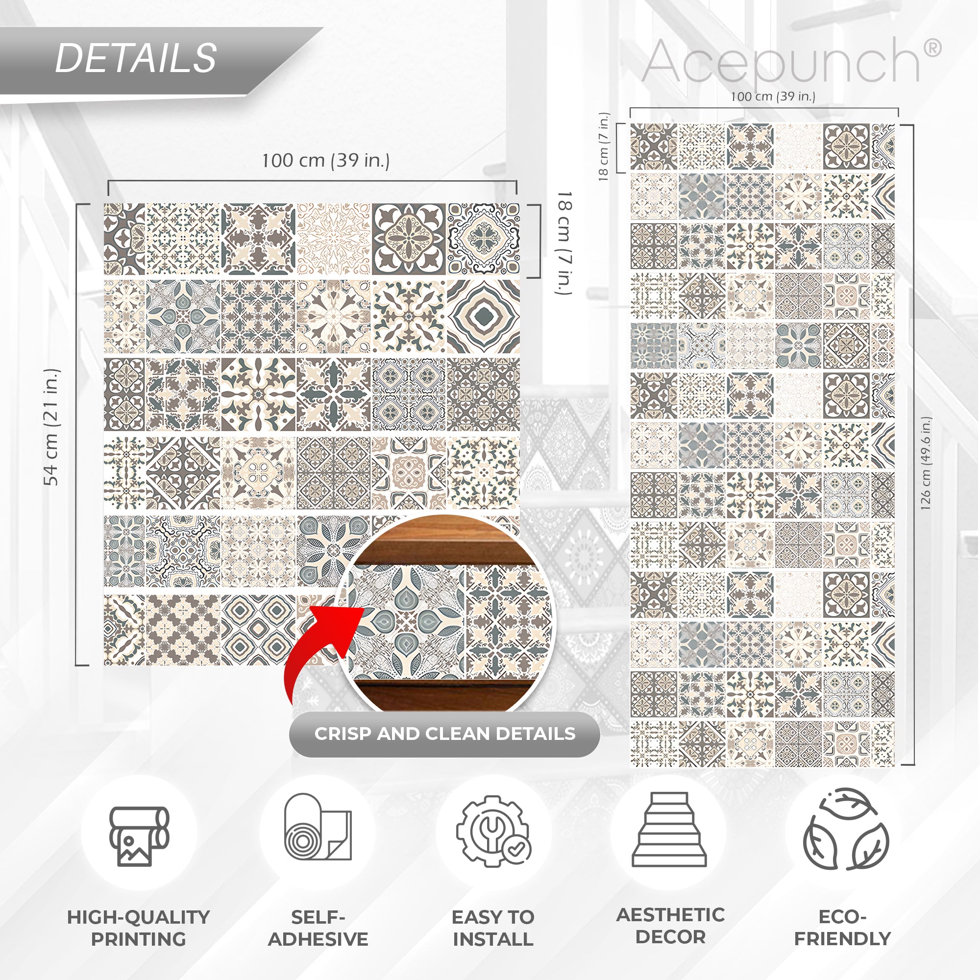Acepunch Mosaic Tile Pattern Self-Adhesive Stairscase Sticker Strips - AP1410