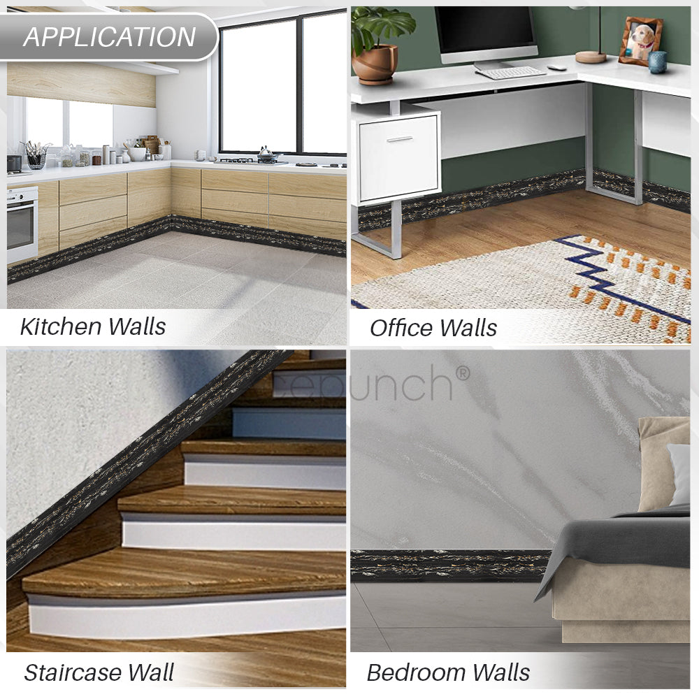 Acepunch Black Marble Rubber Wall Self-Adhesive Textured Finish Premium Baseboard Trim - AP1379