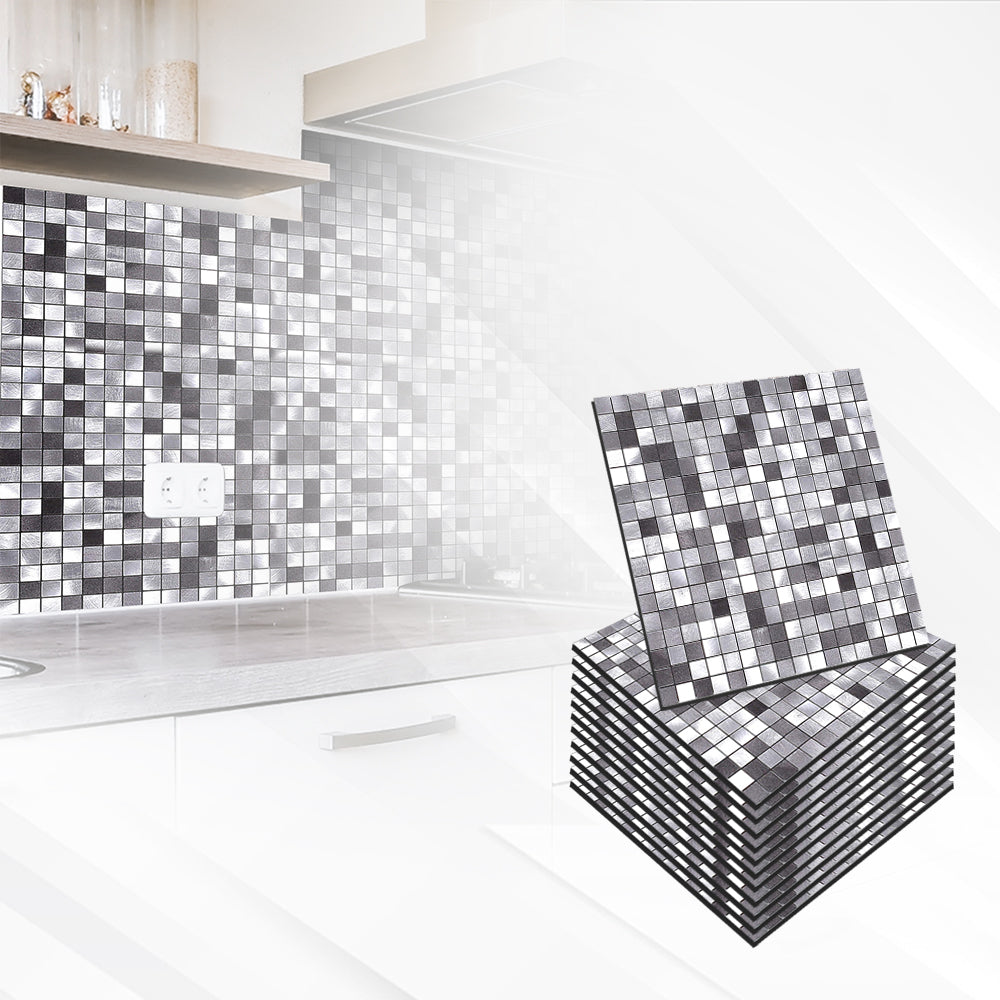 Acepunch Silver Mosaic Adhesive Peel and Stick Aluminum Metal Tile Backsplash - AP1339