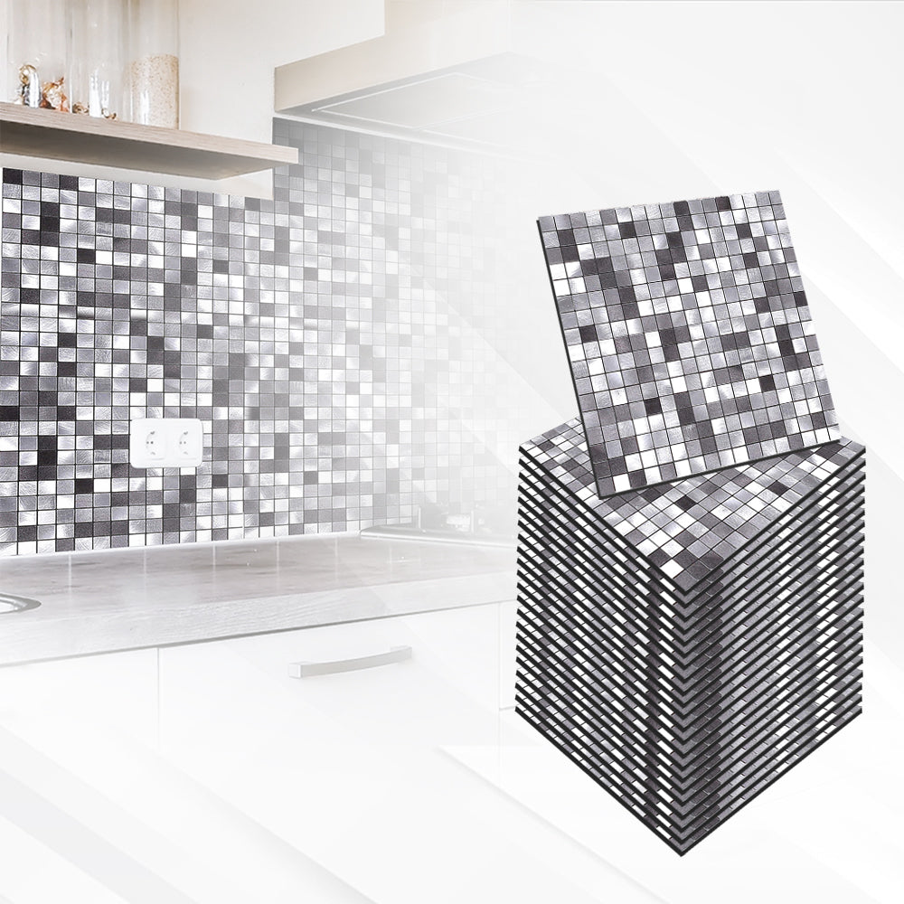 Acepunch Silver Mosaic Adhesive Peel and Stick Aluminum Metal Tile Backsplash - AP1339
