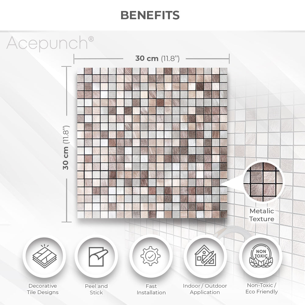 Acepunch Bronze Mosaic Adhesive Peel and Stick Aluminum Metal Tile Backsplash - AP1338