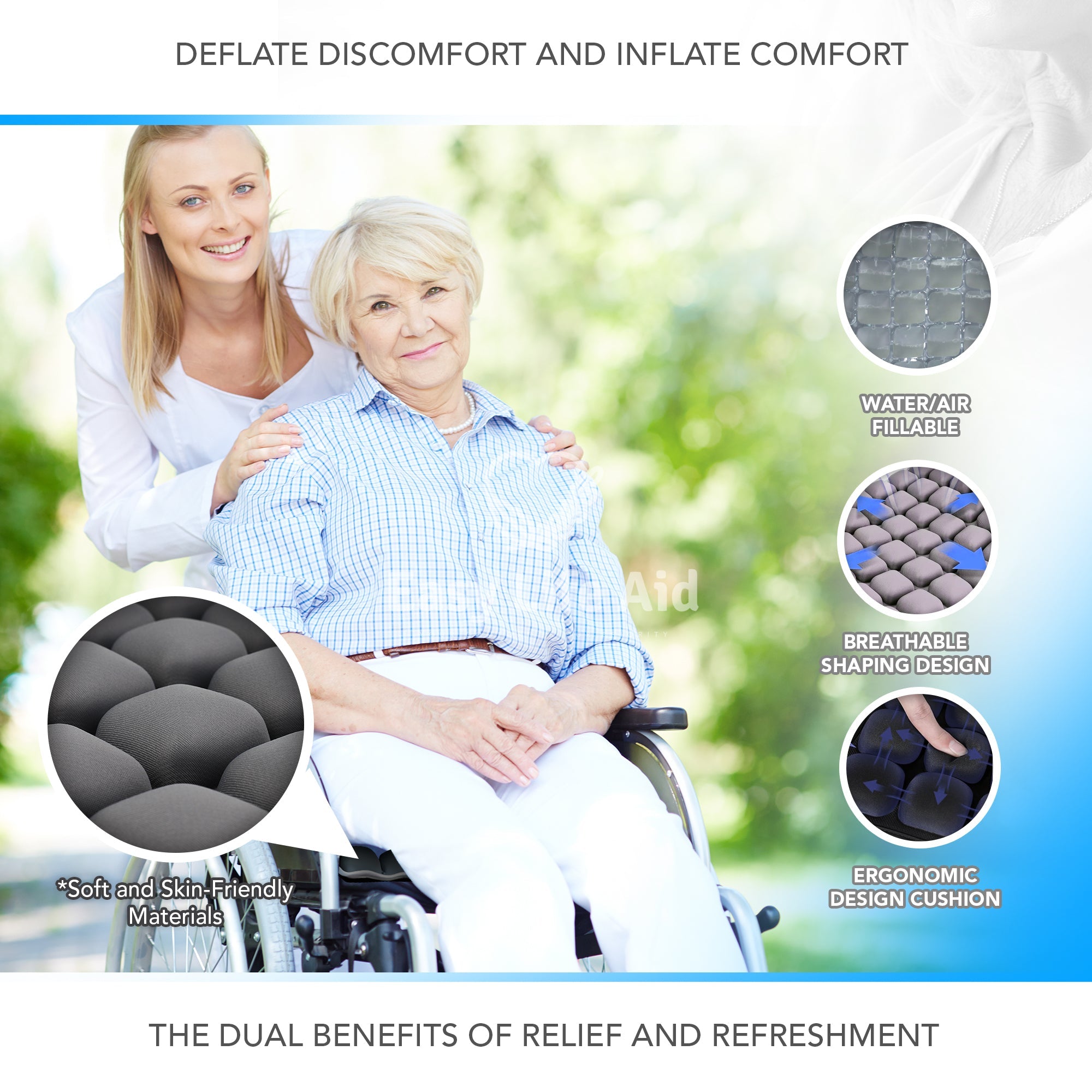 2-in-1 Inflatable 3D Ergonomic Wheelchair Cushion for Pressure Relief and Cooling Comfort- MO30011