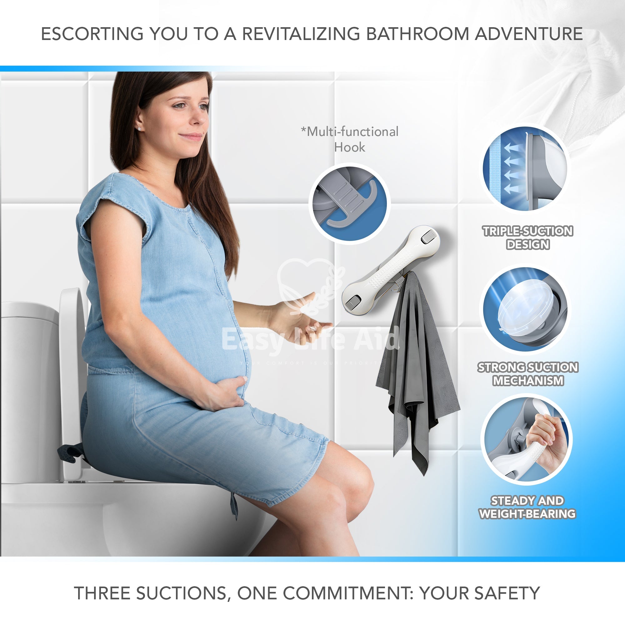 Bathroom Safety Essential 2 Packs Secure Grip Triple- Ultra Suction Rail with Non-slip Grip- MO30013