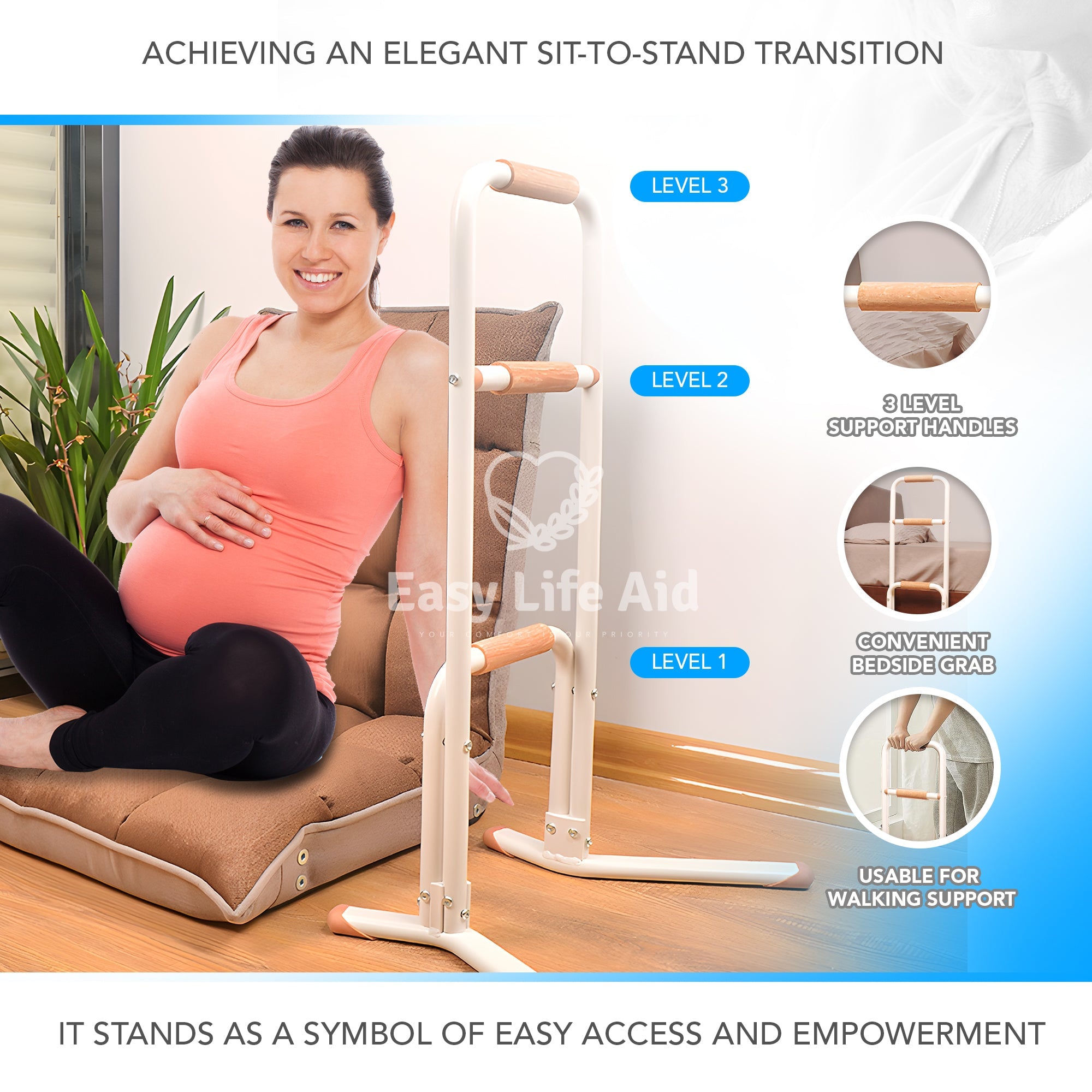 Premium Multi-Functional Wooden Handle 3-Position Movable Sitting Standing Assist Rail - MO30009