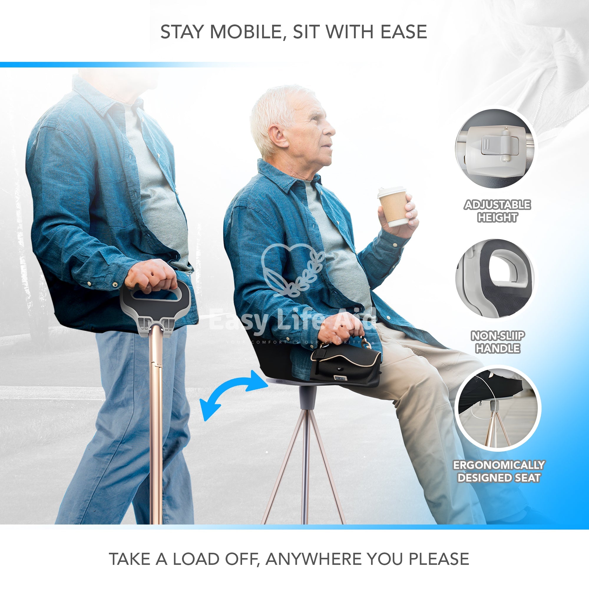 Multifunctional Foldable and Adjustable Height Lightweight Aluminum Alloy Cane Seat - MO30020