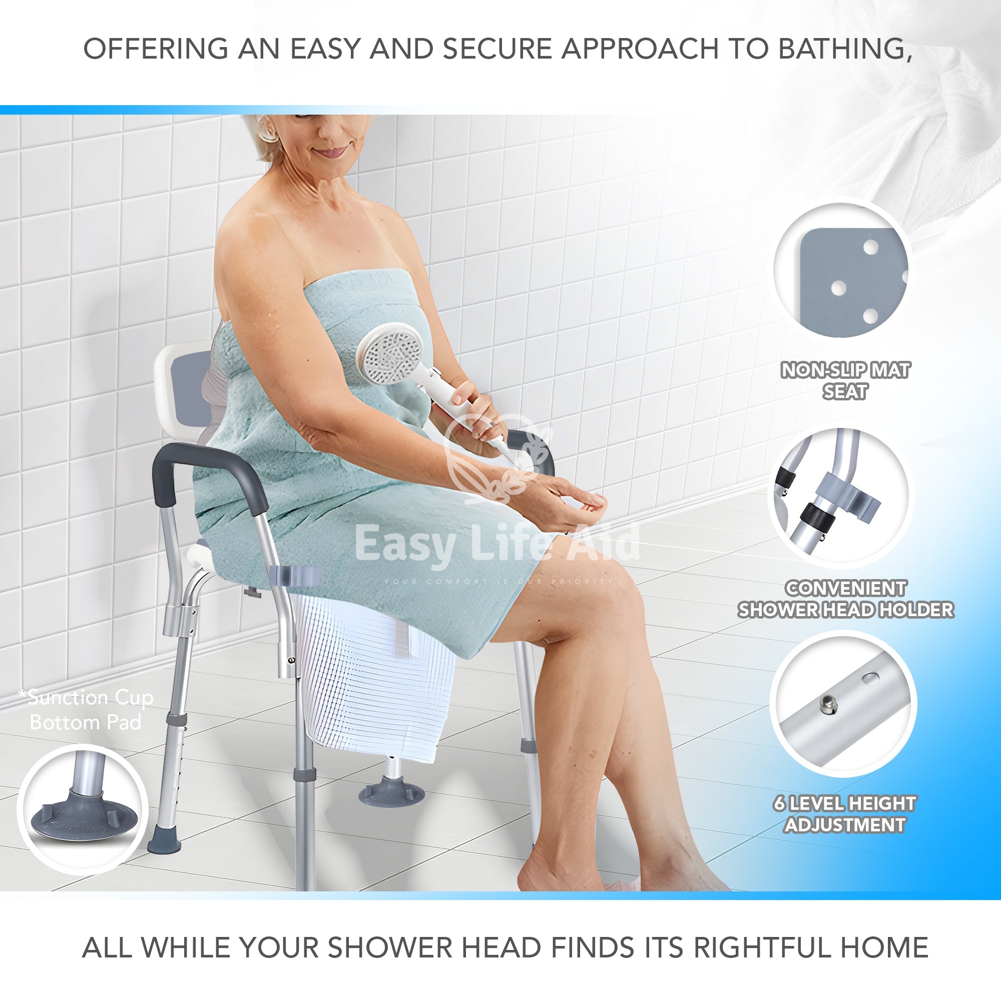 Comfortable, Safe, and Adjustable Anti-Slip Ergonomic Shower Chair with Shower Head Holder - MO30006