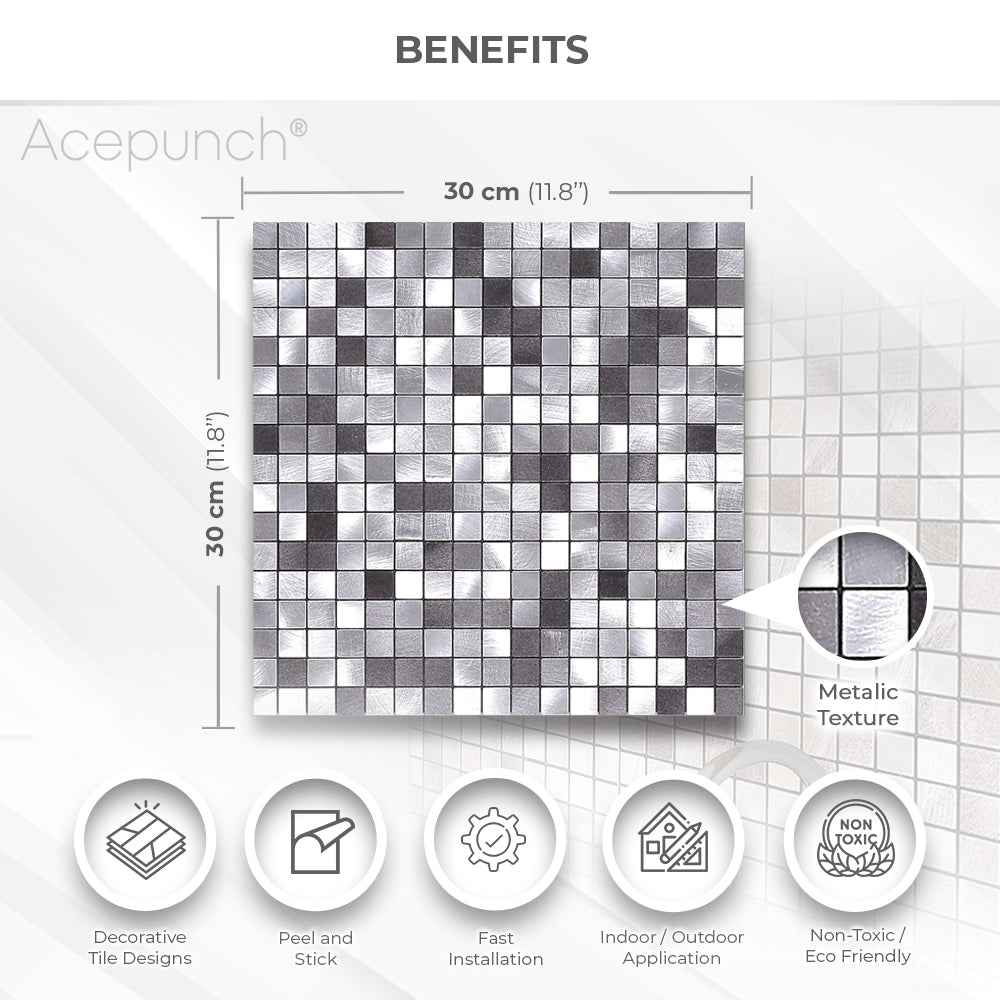 Acepunch Silver Mosaic Adhesive Peel and Stick Aluminum Metal Tile Backsplash - AP1339