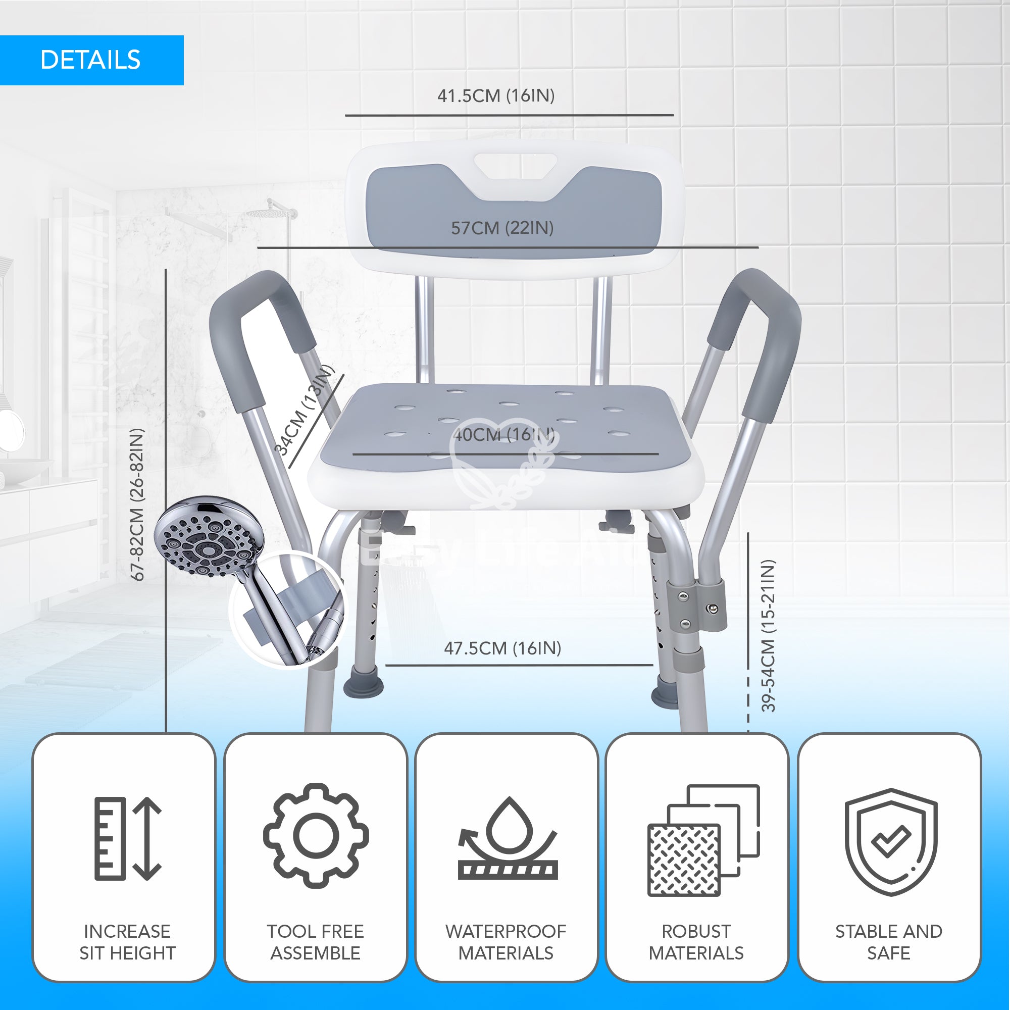 Comfortable, Safe, and Adjustable Anti-Slip Ergonomic Shower Chair with Shower Head Holder - MO30006