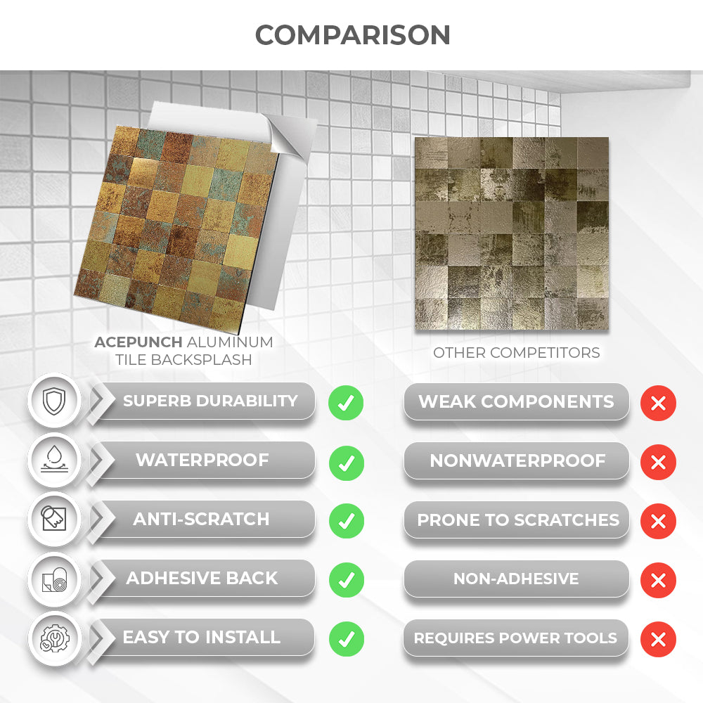 Acepunch Rustic Style Adhesive Peel and Stick Aluminum Metal Tile Backsplash - AP1341
