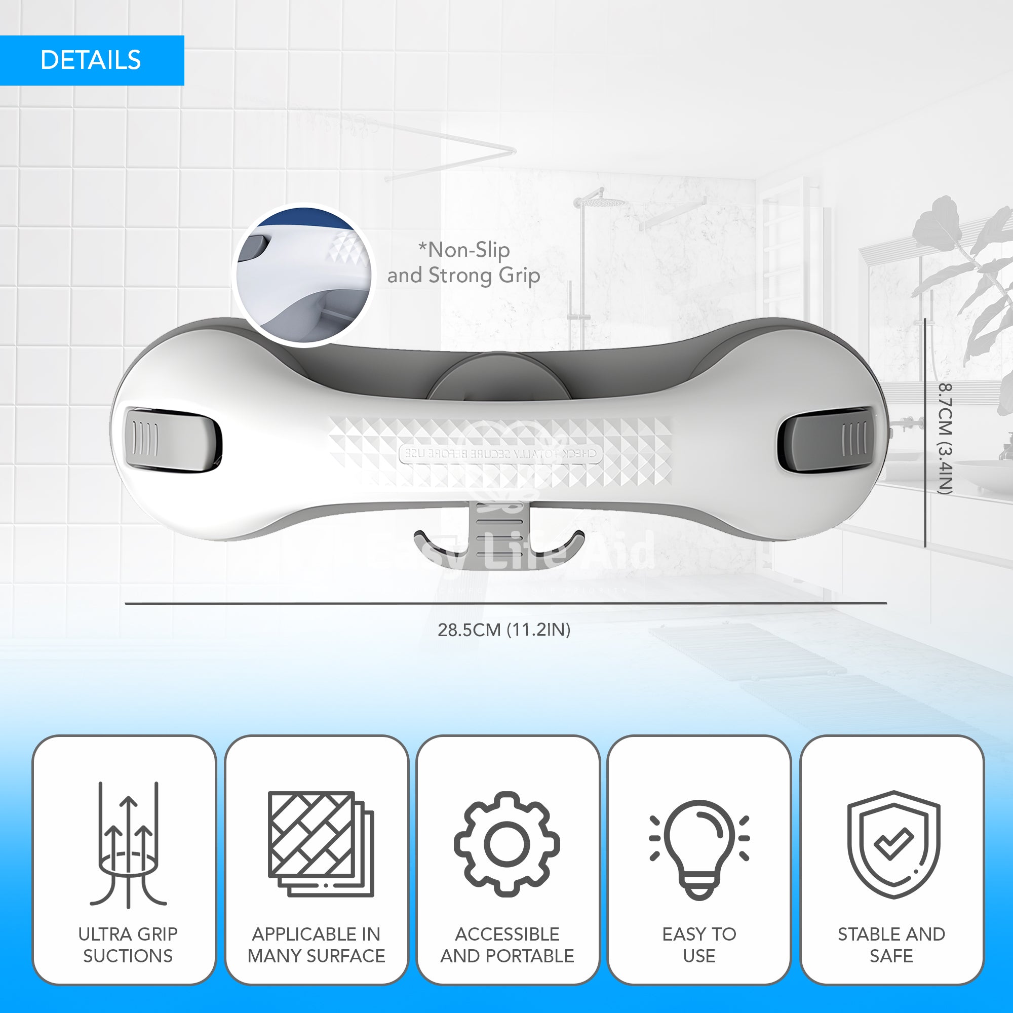Bathroom Safety Essential 2 Packs Secure Grip Triple- Ultra Suction Rail with Non-slip Grip- MO30013