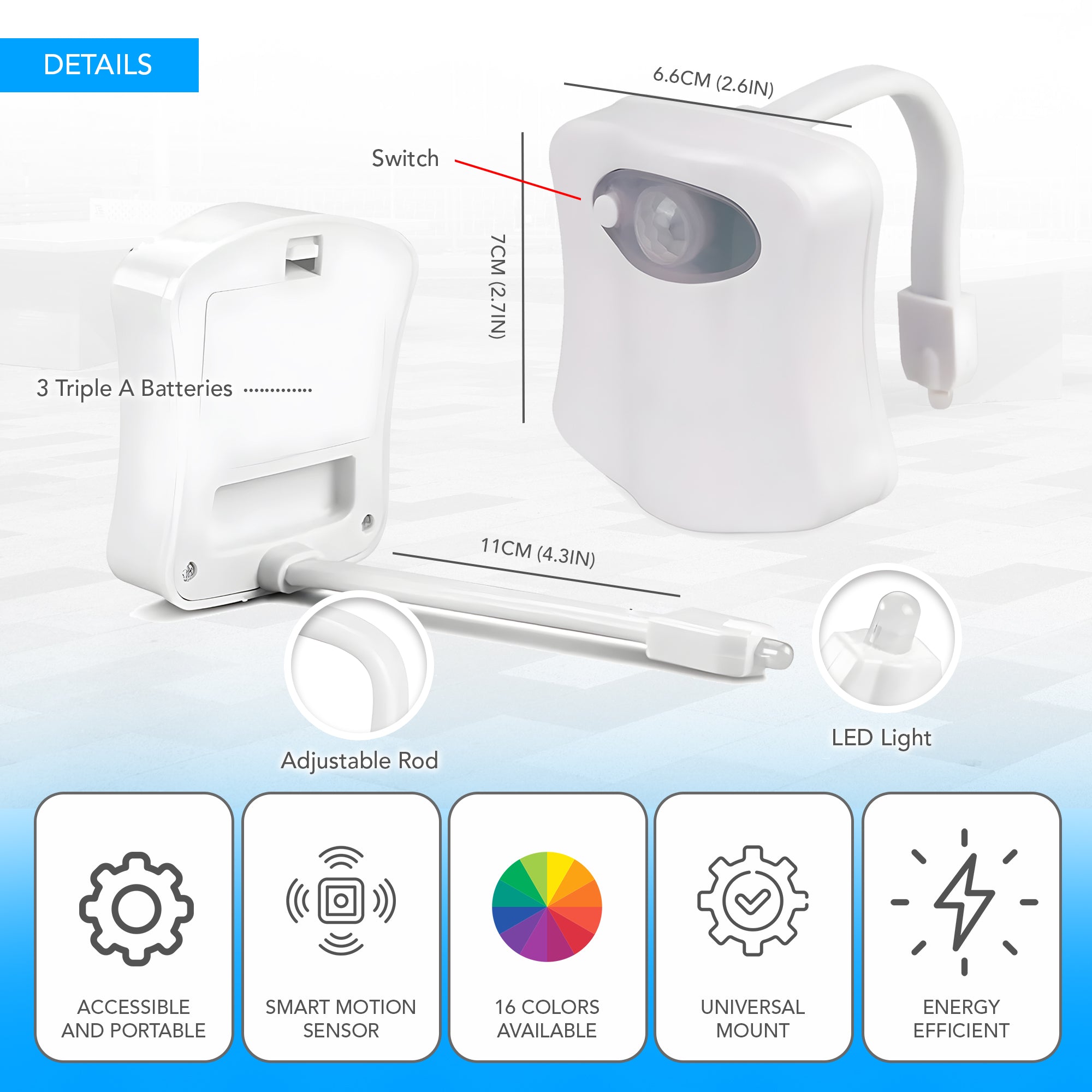 Ultra-Bright 16-Color Motion-Activated LED nightlight for Toilet Seat - MO30016