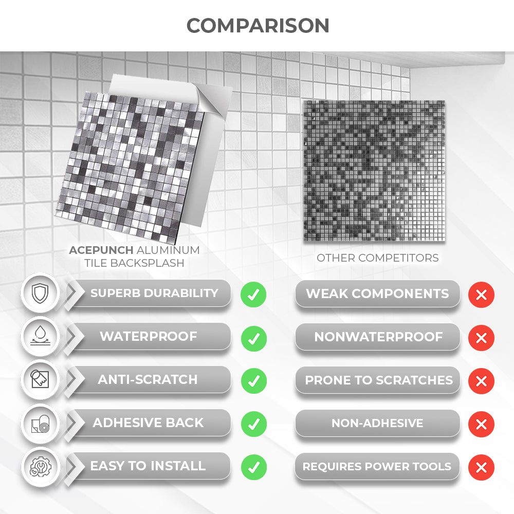 Acepunch Silver Mosaic Adhesive Peel and Stick Aluminum Metal Tile Backsplash - AP1339