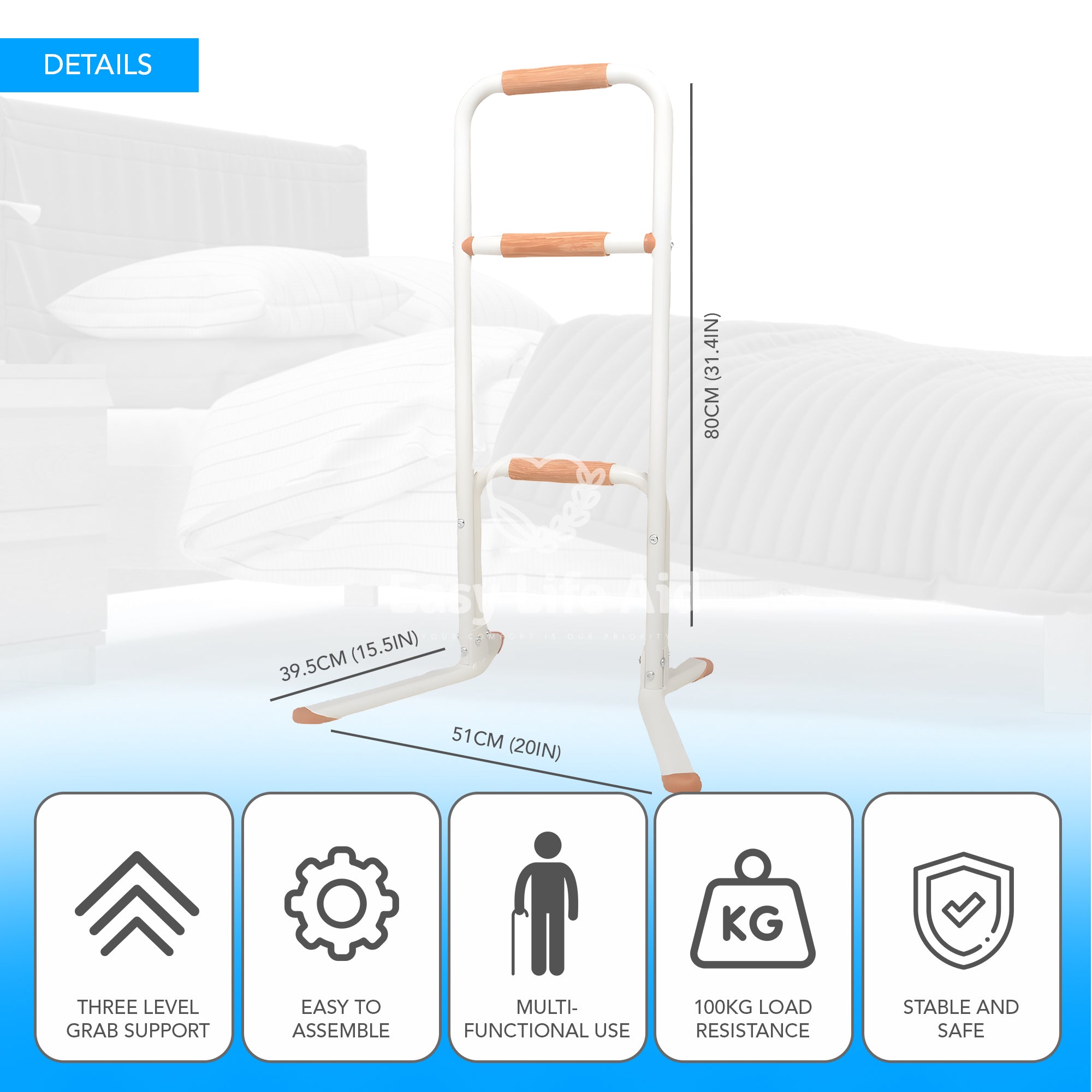 Premium Multi-Functional Wooden Handle 3-Position Movable Sitting Standing Assist Rail - MO30009