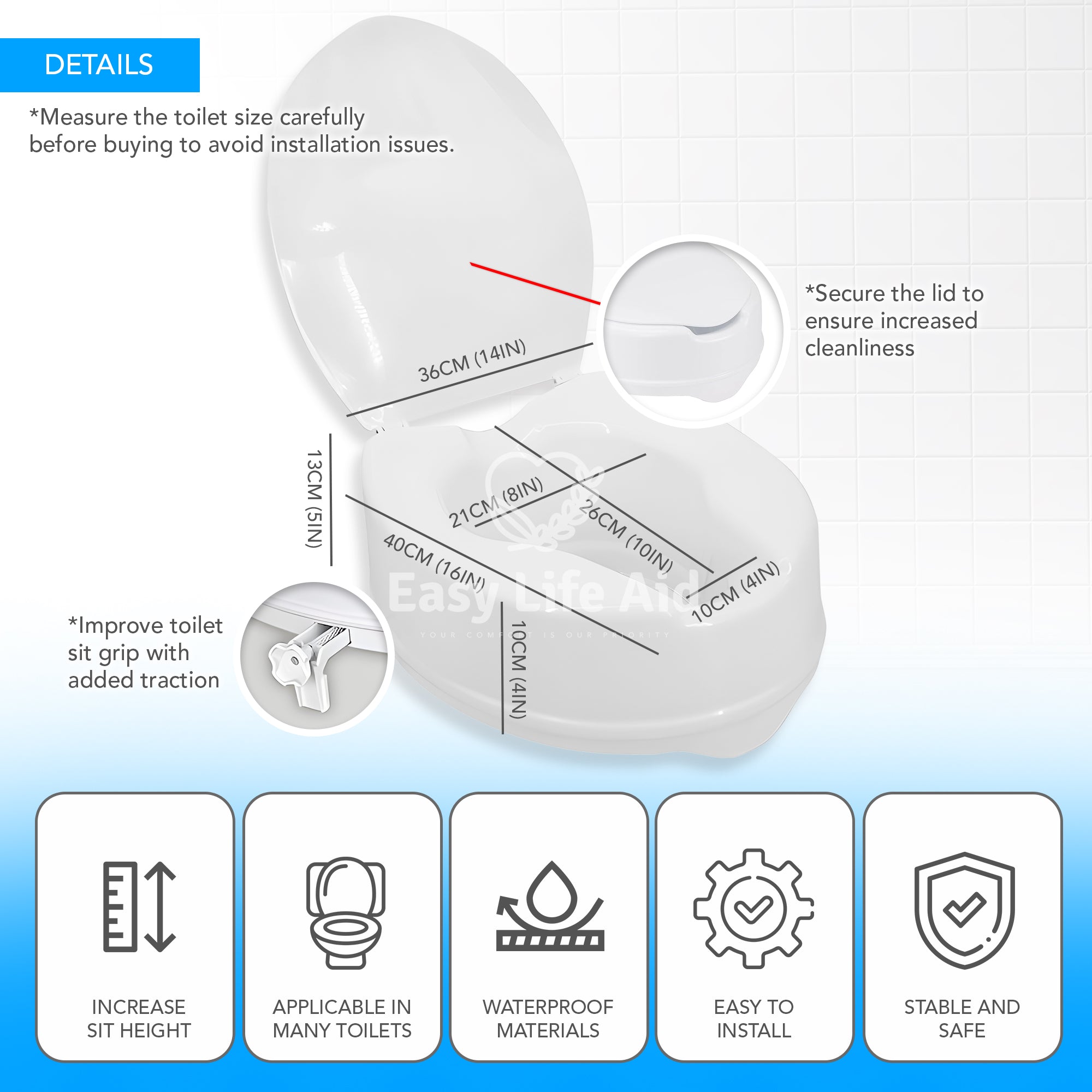 2 / 6 Inches Ergonomic Raised Toilet Seat with Lid - MO30004