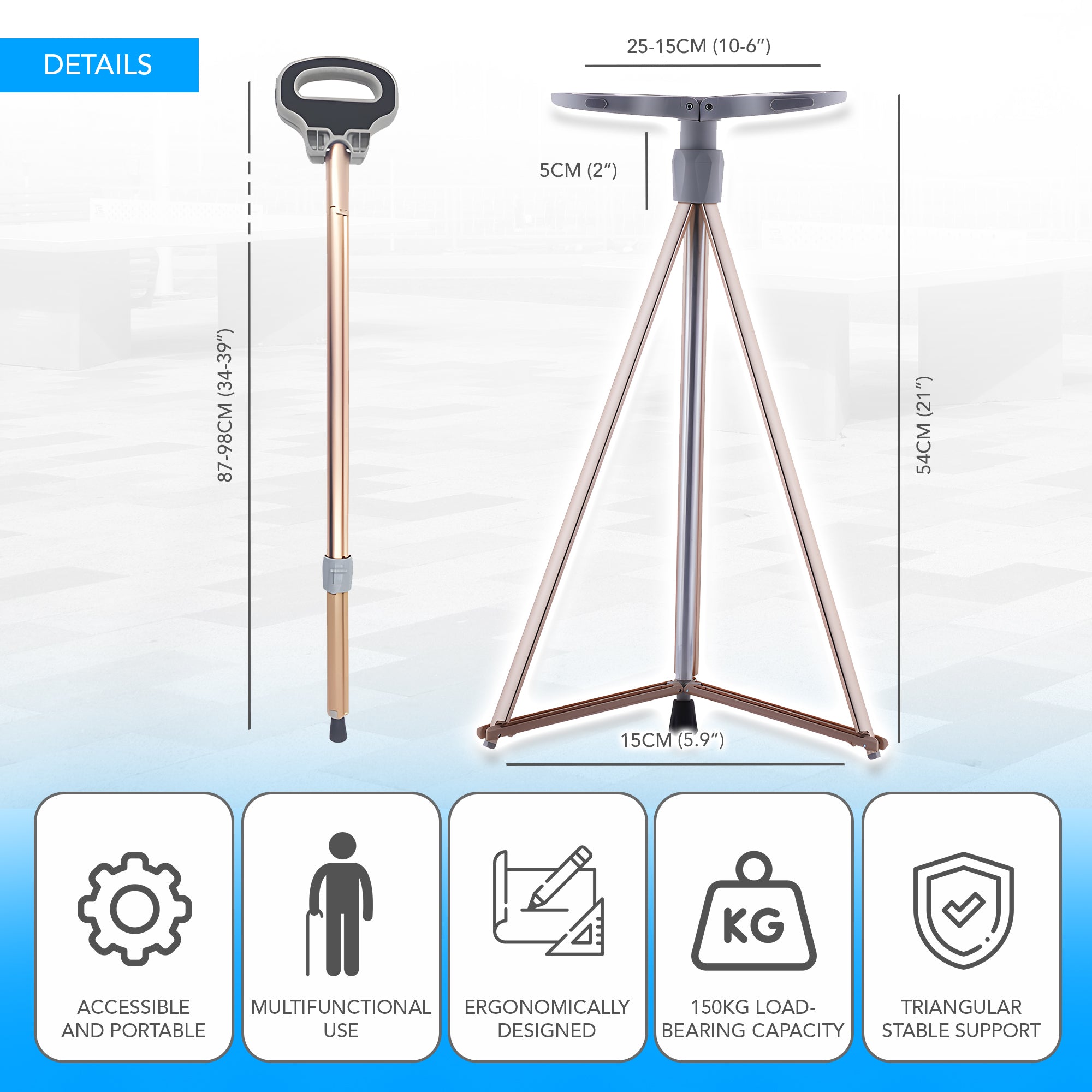 Multifunctional Foldable and Adjustable Height Lightweight Aluminum Alloy Cane Seat - MO30020