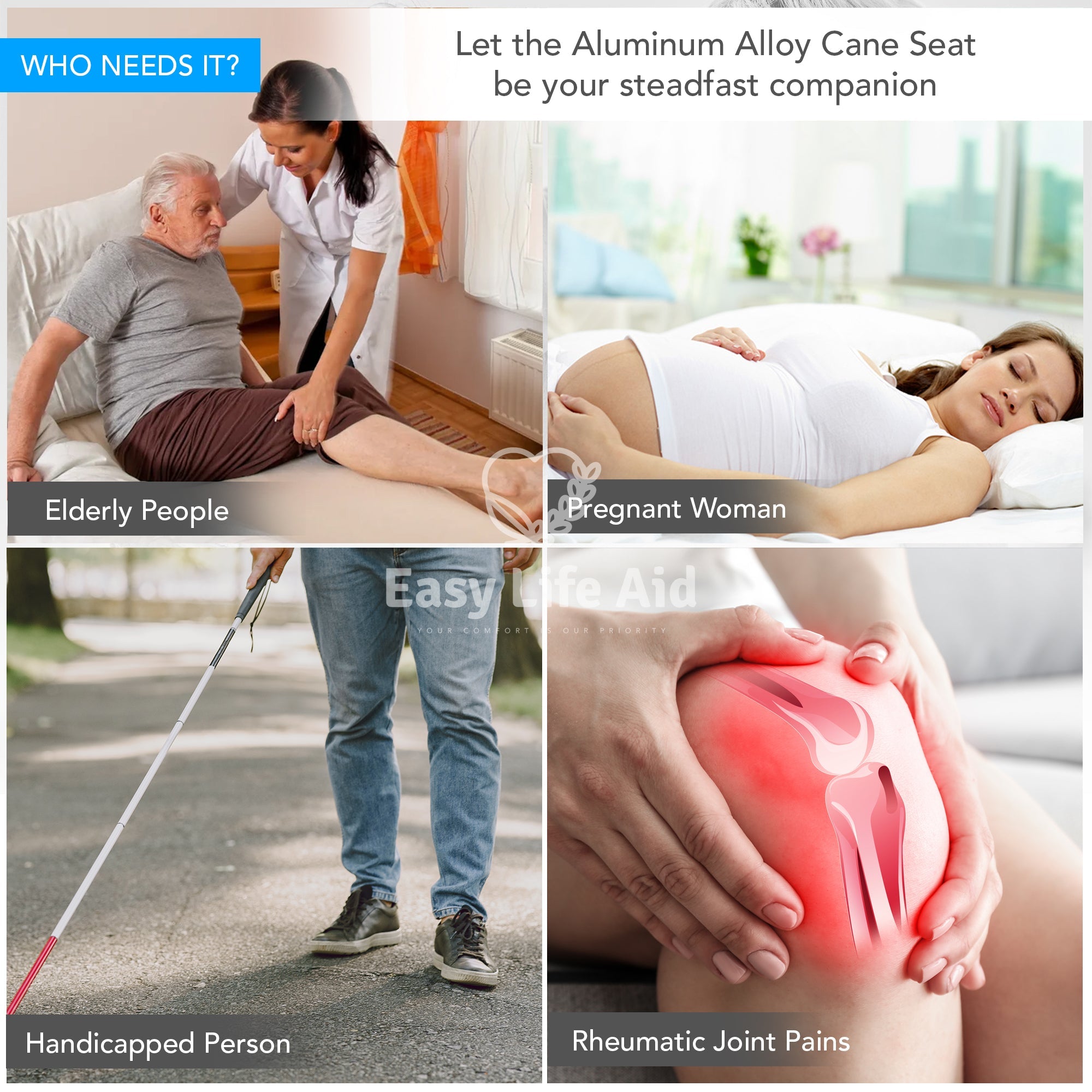 Multifunctional Foldable and Adjustable Height Lightweight Aluminum Alloy Cane Seat - MO30020
