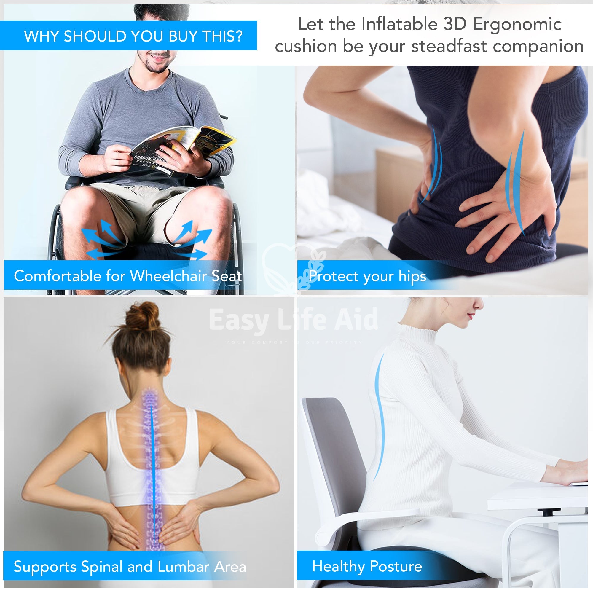 2-in-1 Inflatable 3D Ergonomic Wheelchair Cushion for Pressure Relief and Cooling Comfort- MO30011