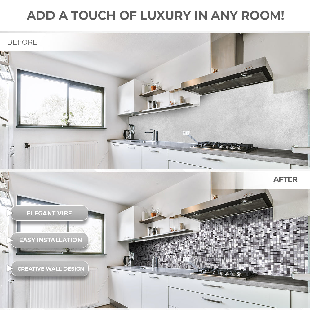 Acepunch Silver Mosaic Adhesive Peel and Stick Aluminum Metal Tile Backsplash - AP1339