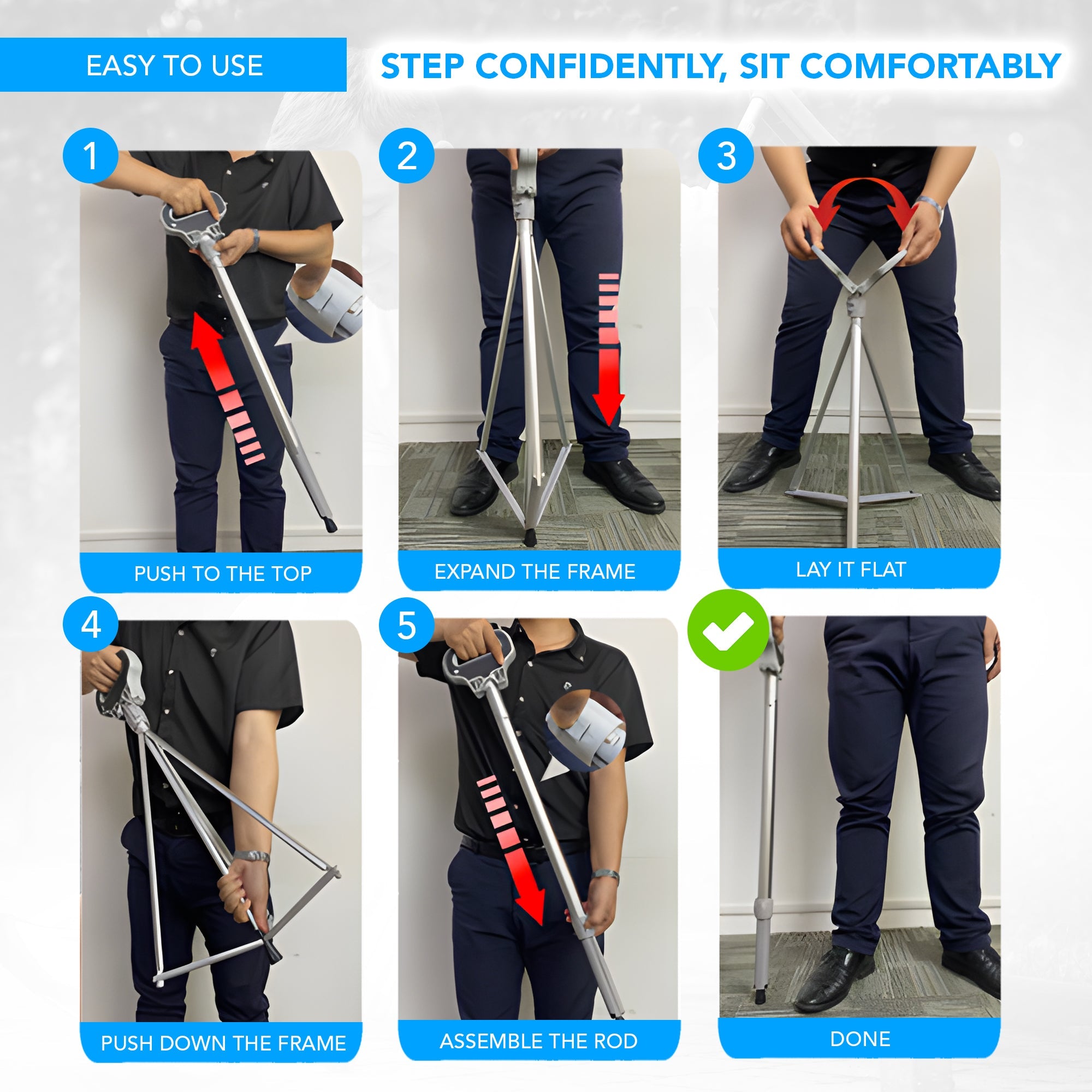 Multifunctional Foldable and Adjustable Height Lightweight Aluminum Alloy Cane Seat - MO30020