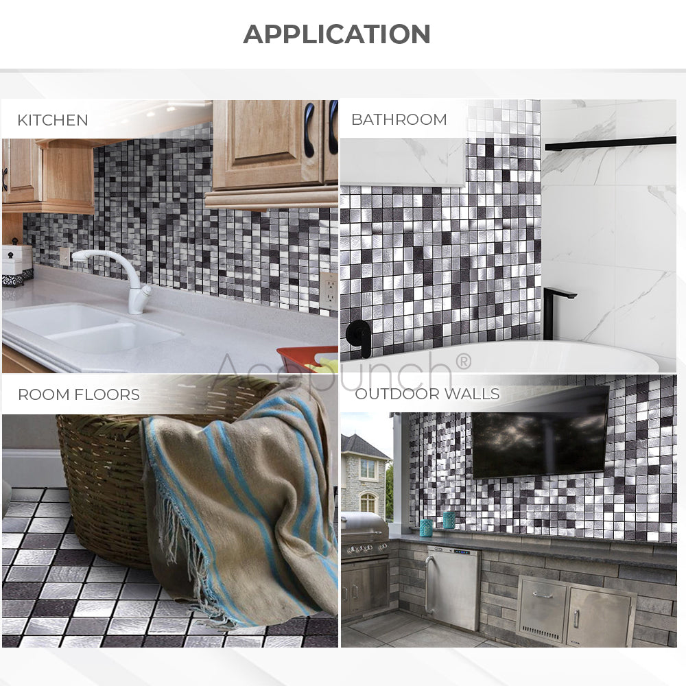 Acepunch Silver Mosaic Adhesive Peel and Stick Aluminum Metal Tile Backsplash - AP1339