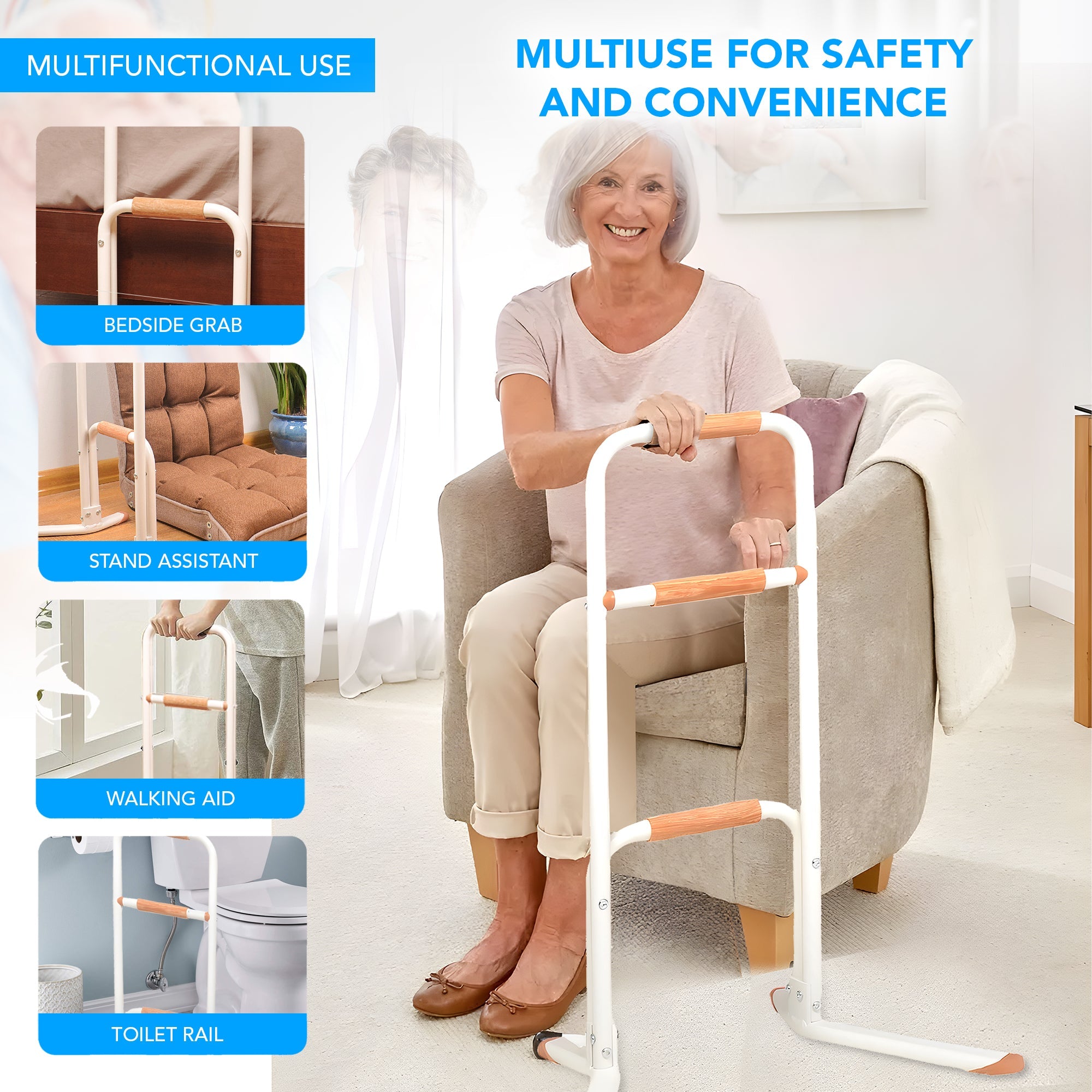 Premium Multi-Functional Wooden Handle 3-Position Movable Sitting Standing Assist Rail - MO30009