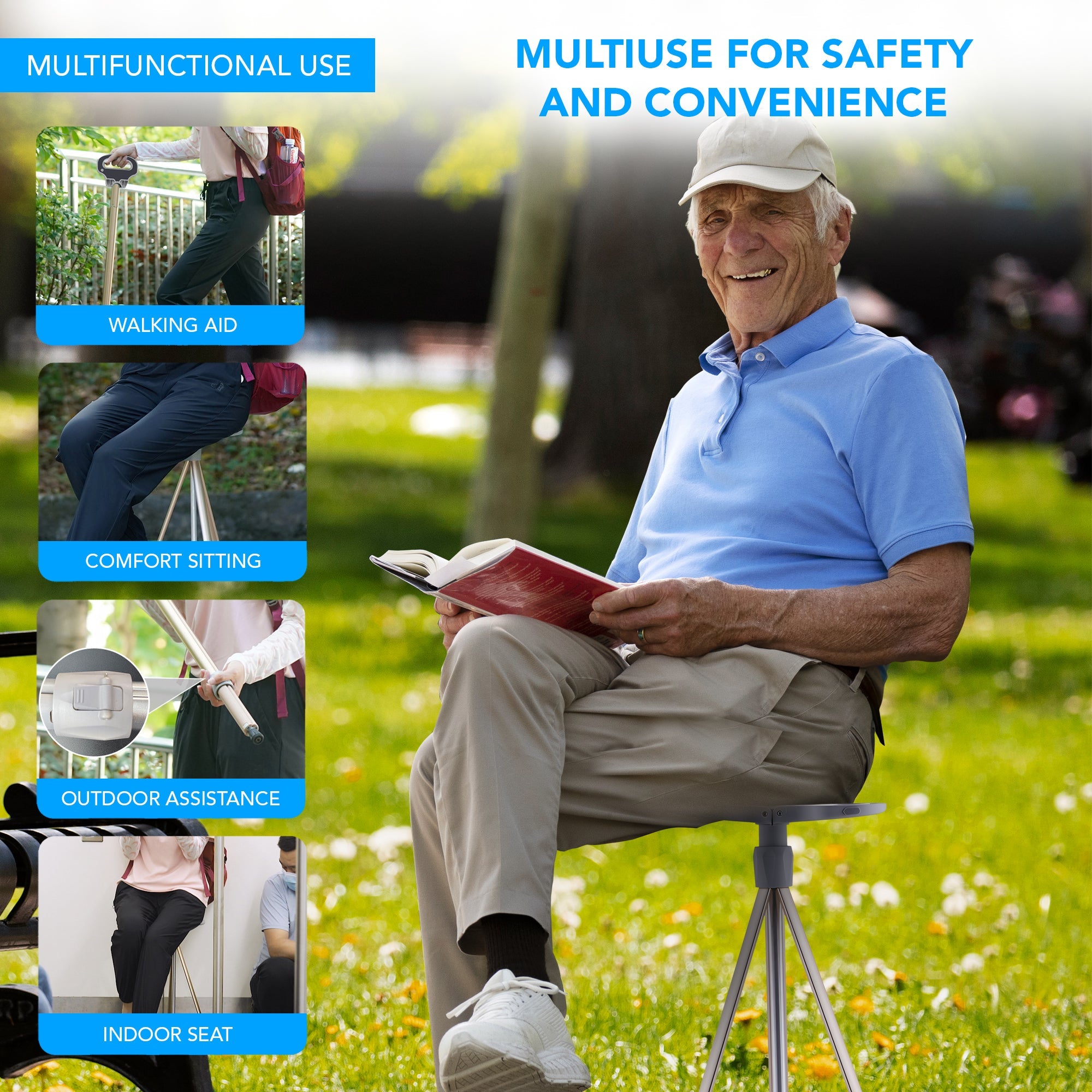 Multifunctional Foldable and Adjustable Height Lightweight Aluminum Alloy Cane Seat - MO30020