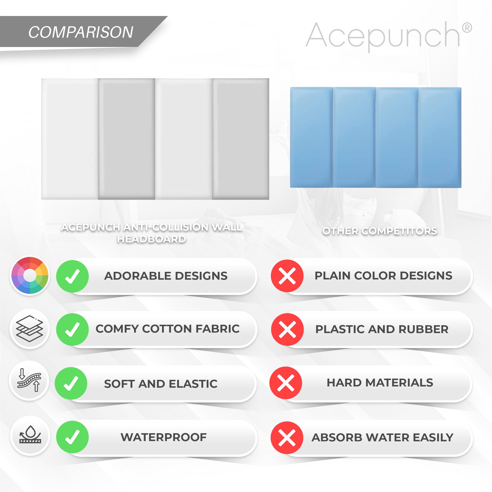 Acepunch Vibrant Color Combination Leather Wall Anti Collision Headboard - AP1369