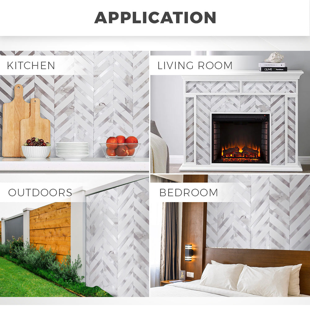 Acepunch Herringbone Peel N' Stick White Marble and Silver Aluminum Tile Backsplash AP1350