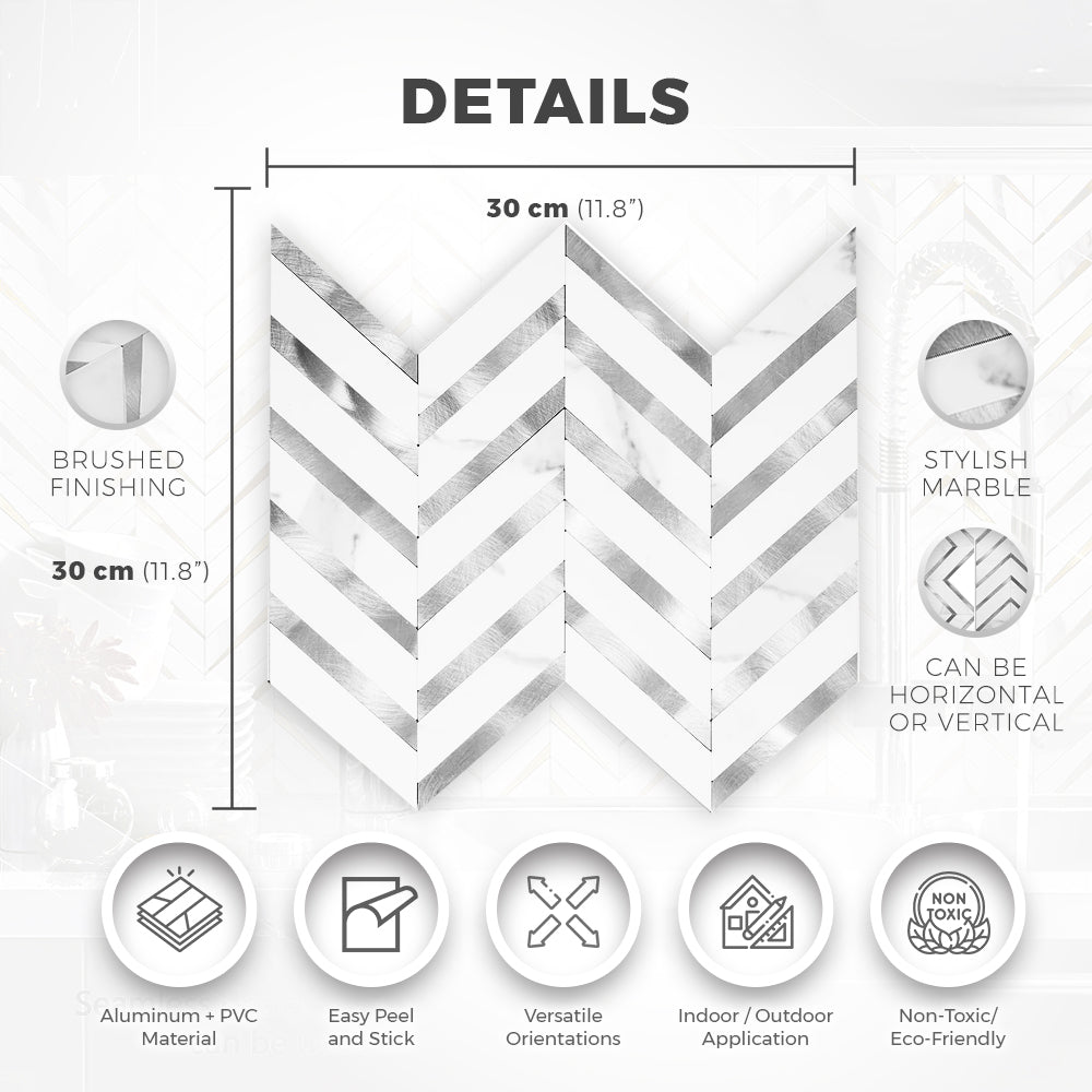 Acepunch Herringbone Peel N' Stick White Marble and Silver Aluminum Tile Backsplash AP1350