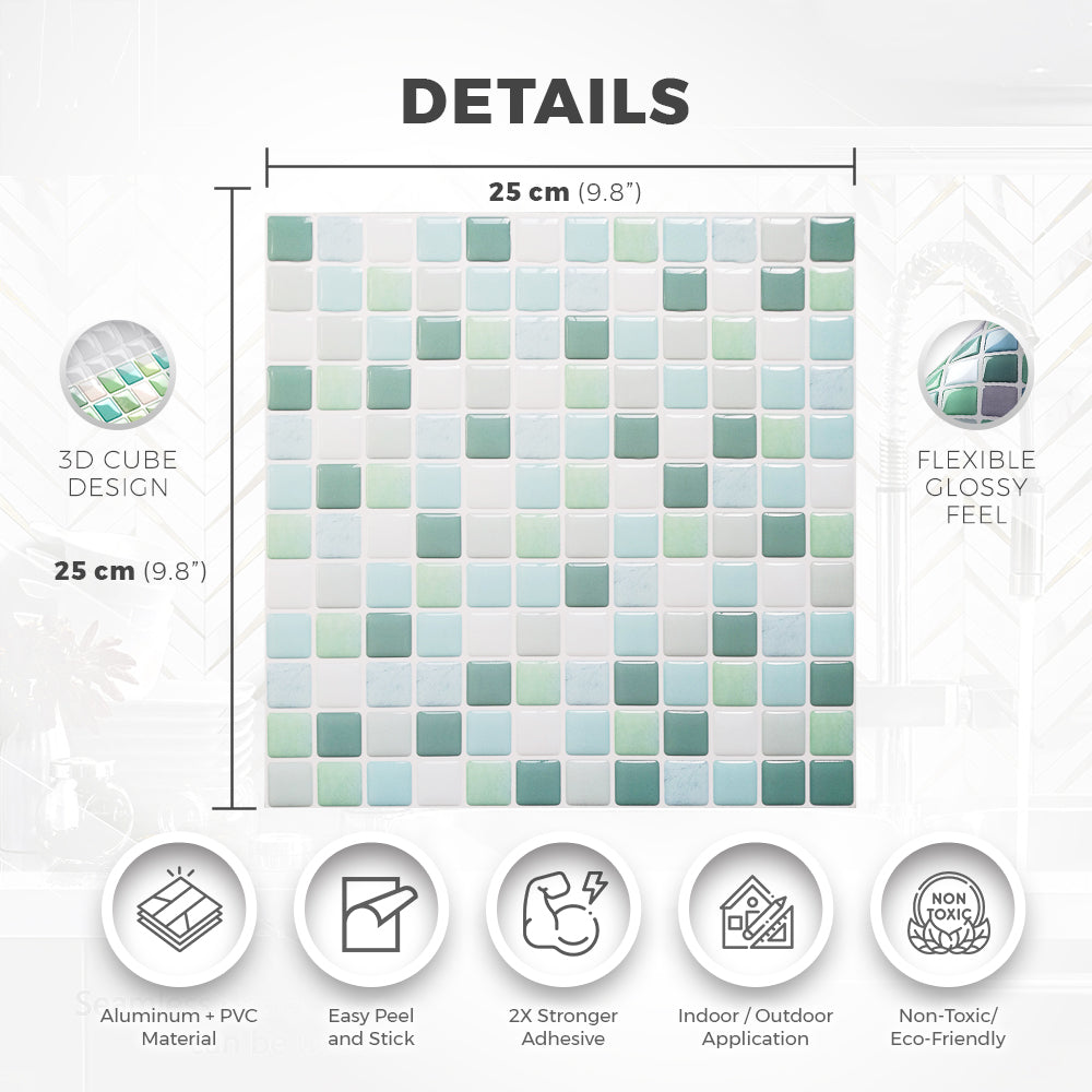 Acepunch Peel N' Stick Mint Blue 3D Mosaic Imitation Epoxy Tile Backsplash AP1353