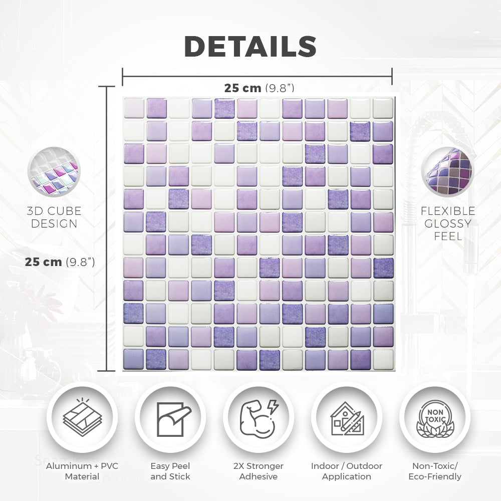 Acepunch Peel N' Stick Purple Power 3D Mosaic Imitation Epoxy Tile Backsplash AP1355