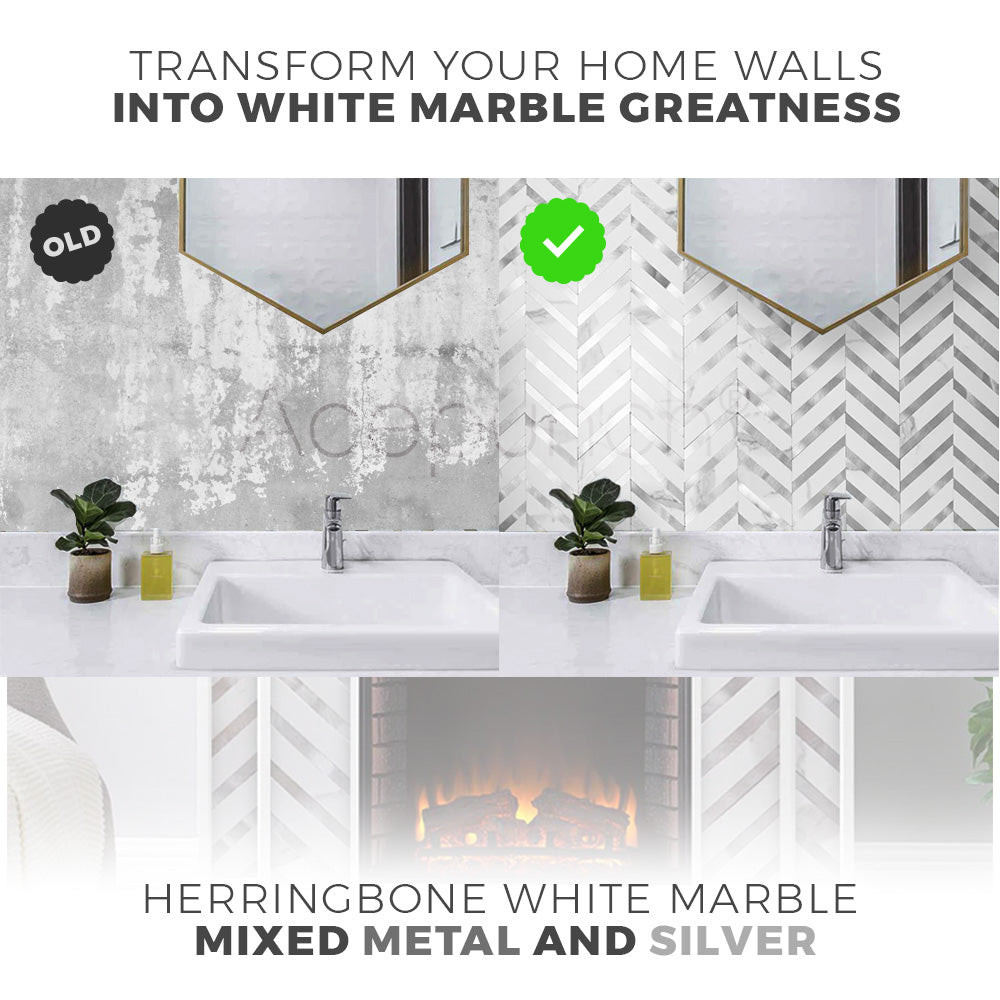 Acepunch Herringbone Peel N' Stick White Marble and Silver Aluminum Tile Backsplash AP1350