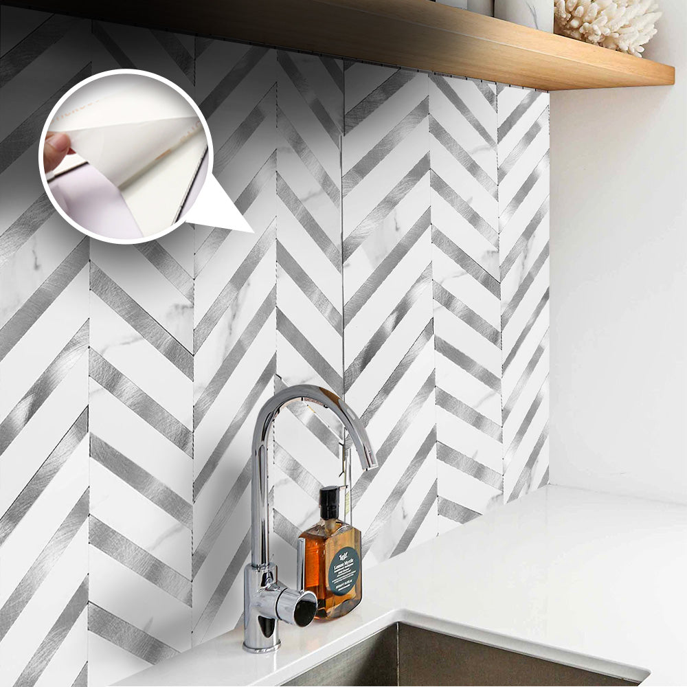 Acepunch Herringbone Peel N' Stick White Marble and Silver Aluminum Tile Backsplash AP1350