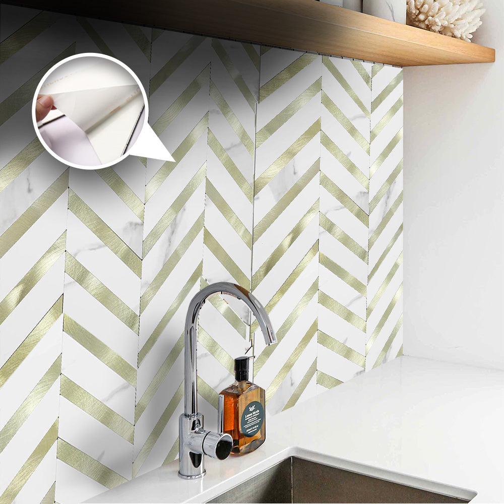 Acepunch Herringbone Peel N' Stick White Marble and Gold Aluminum Tile Backsplash AP1349