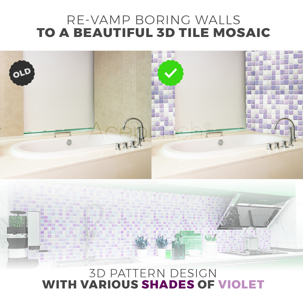 Acepunch Peel N' Stick Purple Power 3D Mosaic Imitation Epoxy Tile Backsplash AP1355