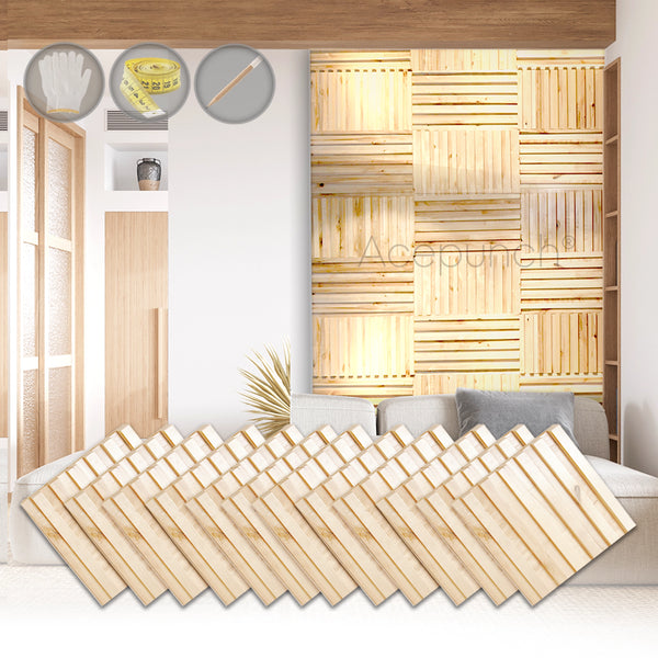 Acepunch Premium Natural Finish Modern Mosaic Style Slatted Wood Wall Art Panel 30 x 30cm (12 x 12in) AP1239
