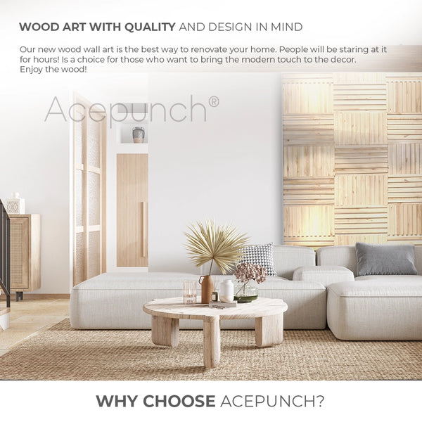 Acepunch Premium Natural Finish Modern Mosaic Style Slatted Wood Wall Art Panel 30 x 30cm (12 x 12in) AP1239