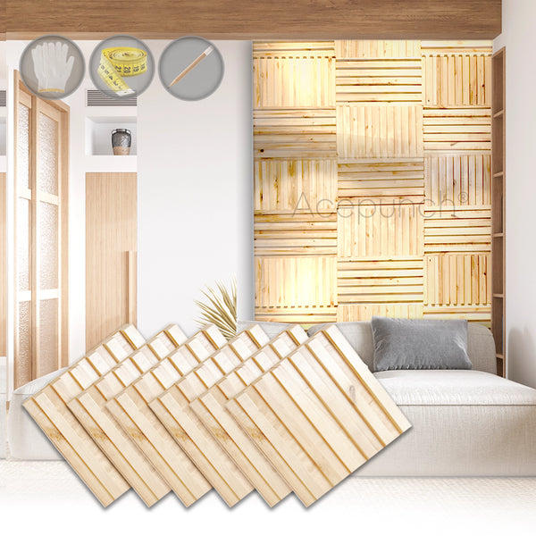 Acepunch Premium Natural Finish Modern Mosaic Style Slatted Wood Wall Art Panel 30 x 30cm (12 x 12in) AP1239