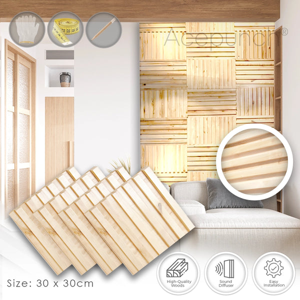Acepunch Premium Natural Finish Modern Mosaic Style Slatted Wood Wall Art Panel 30 x 30cm (12 x 12in) AP1239