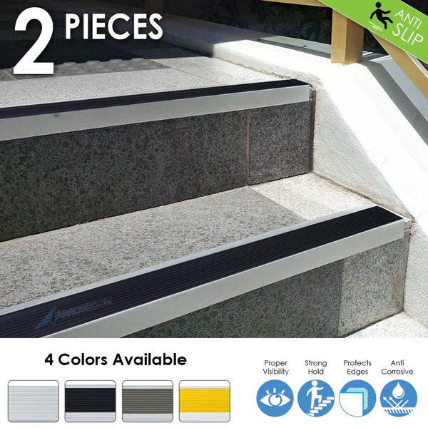 Acepunch 2 Pcs Anti-Slip Aluminum Stair Nosing Rubberized Staircase Strip Insert Anodized Stair Treads Edging Trim Profile Edge Nosing KK1180