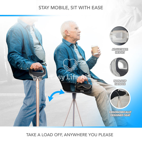 Multifunctional Foldable and Adjustable Height Lightweight Aluminum Alloy Cane Seat - MO30020