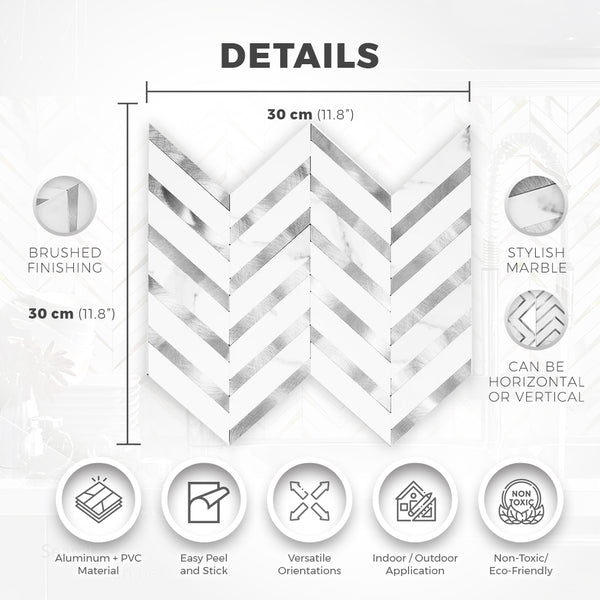 Acepunch Herringbone Peel N' Stick White Marble and Silver Aluminum Tile Backsplash AP1350