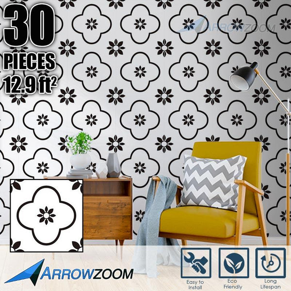 Arrowzoom Self-Adhesive Black & White Pattern Wall & Floor PVC Vinyl Tiles Decor KK1192