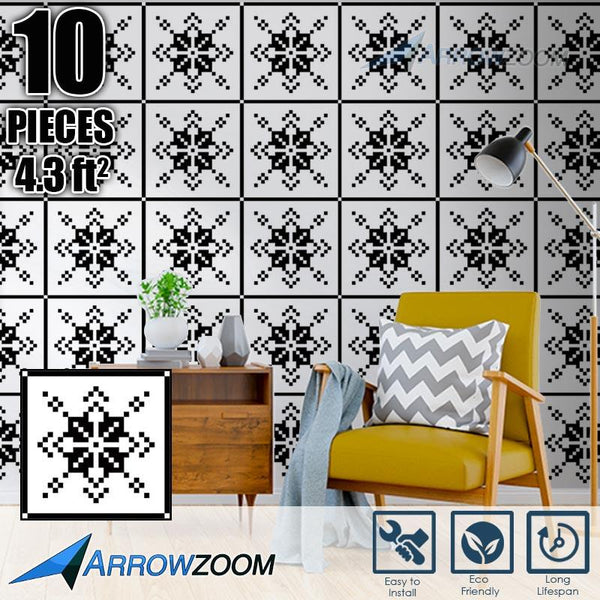 Arrowzoom Self-Adhesive Black & White Pattern Wall & Floor PVC Vinyl Tiles Decor KK1192